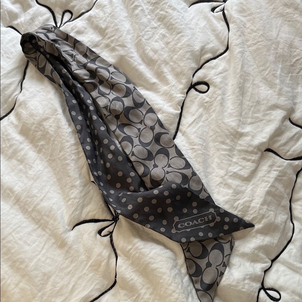 COACH Gray and Black Signature Silk Scarf Tie